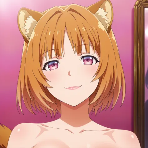 Raphalia , Tate no Yuusha no Nariagari, raccoon ears. round pink eyes, orange hair with rounded animal ears and tail , fair skin slim figure and big breasts , She is posing naked in front of a mirror that returns a reflection of an older and evil version o...