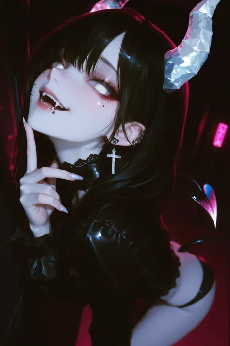 masterpiece, ultra-HD, high detail, best quality, very aesthetic, 8k, best quality, sharp focus,
three quarter face shot, depth of field, shallow depth of field.
1girl, devil, glittered dark hair, white eyes(no pupil),
sharp pretty eyes, smirk, mole
(fang...