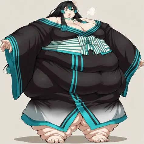 long hair, hair intakes, multicolored hair, black hair, aqua hair, green eyes, hair flower, bags under eyes, off shoulder, black kimono, aqua trim, ribbon choker, aqua choker, sash, sleeves past wrists, fat, chubby, obese, fat neck, multiple chins, big bre...