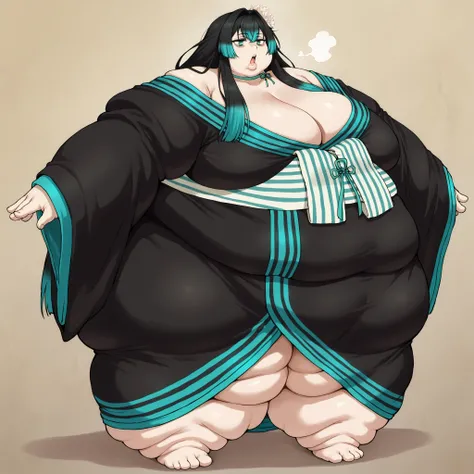 long hair, hair intakes, multicolored hair, black hair, aqua hair, green eyes, hair flower, bags under eyes, off shoulder, black kimono, aqua trim, ribbon choker, aqua choker, sash, sleeves past wrists, fat, chubby, obese, fat neck, multiple chins, big bre...