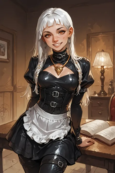 She looks like Elena from Street Fighter and has a horizontal scar across her nose. Inca girl with white dreadlocks with black highlights and silver pearls, red eyes, slanted Asian eyes, sharp teeth, black eyeliner, athletic body. Slender and athletic. Cut...