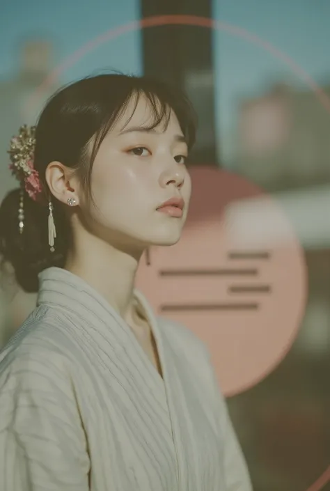 portraits have、against a bold red circular background with 3 black horizontal lines crossing a circle、— 4K ultra-high definition depiction. the woman wears a gray and white striped kimono, including traditional Japanese hair ornaments. The subject is frame...