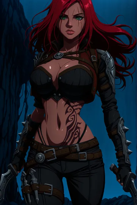 anipai_style, anime screencap, anime coloring,katarinaxlil, red hair, scar across eye, rib tattoo, lips, fingerless gloves, belt, cropped jacket, highleg panties, green eyes, black pants, uneven sleeves,,large breasts,dual wielding, holding dagger, ,