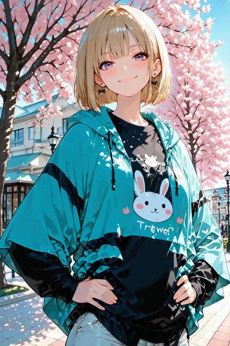 (masterpiece, high resolution, best quality, ultra-detailed, 8k)、anime style、1 woman、Sharp focus、Earrings、eyelash、Gold hair、bob cut、 Straight Hair、no bangs、Beautiful purple eyes、droopy eyes 、Calm face、blush 、Mouth closed、evil smile、Squint your eyes、Slender...