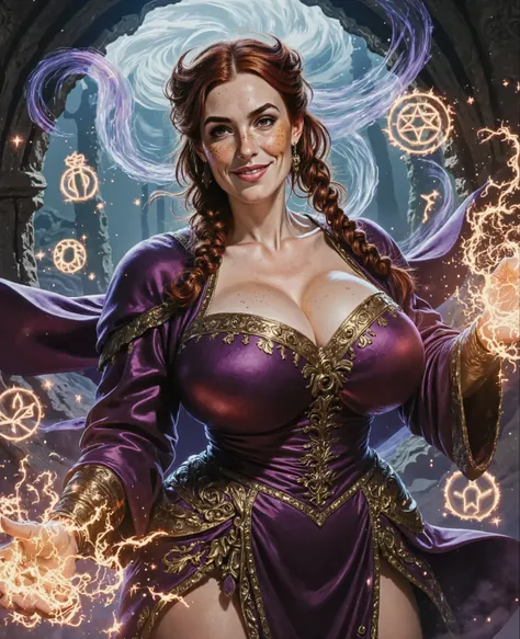 Create a magic the gathering style collectible card game card. Featuring Margaret as a sorceress. highly detailed. large breasts and voluptuous figure. Slight smile.
