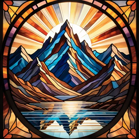 Stained-glass style illustration of a floating ((Mountain)), centered in the image, appearing to hover in mid air. The ((Mountain)) is meticulously rendered in warm-toned shades, featuring mosaic-like details and vivid artistic effects. The background is a...