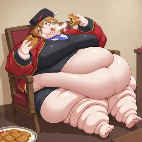 guildreceptionist, glasses, black headwear, large breasts, fat, chubby, obese, fat neck, multiple chins, big breasts open mouth, out of breath, Larger female, full body shot, only head, large head, oversized limbs, large hands, large feet, oversized feet,...