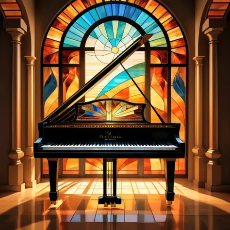 Stained-glass style illustration of a floating ((Piano)), centered in the image, appearing to hover in mid air. The ((Piano)) is meticulously rendered in warm-toned shades, featuring mosaic-like details and vivid artistic effects. The background is a lumin...