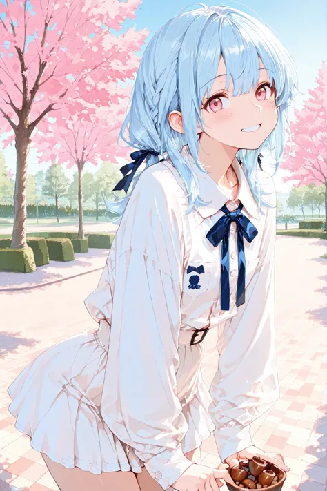 (masterpiece, high resolution, best quality, ultra-detailed, 8k)、anime style、1 woman、light blue hair、pink eyes、smile、blush、From the side、White dress shirt、ribbon、pleatid blue mini skirt、((Pick up a round acorn with your fingers:1.3))、random angle ,Park bac...