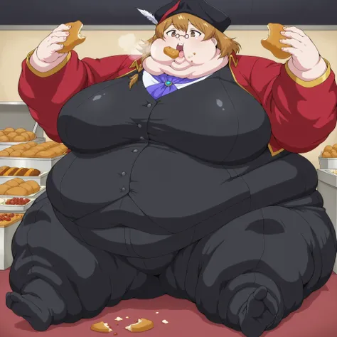 guildreceptionist, glasses, black headwear, large breasts, fat, chubby, obese, fat neck, multiple chins, big breasts open mouth, out of breath, Larger female, full body shot, only head, large head, oversized limbs, large hands, large feet, oversized feet,...