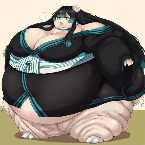 long hair, hair intakes, multicolored hair, black hair, aqua hair, green eyes, hair flower, bags under eyes, off shoulder, black kimono, aqua trim, ribbon choker, aqua choker, sash, sleeves past wrists, fat, chubby, obese, fat neck, multiple chins, big bre...