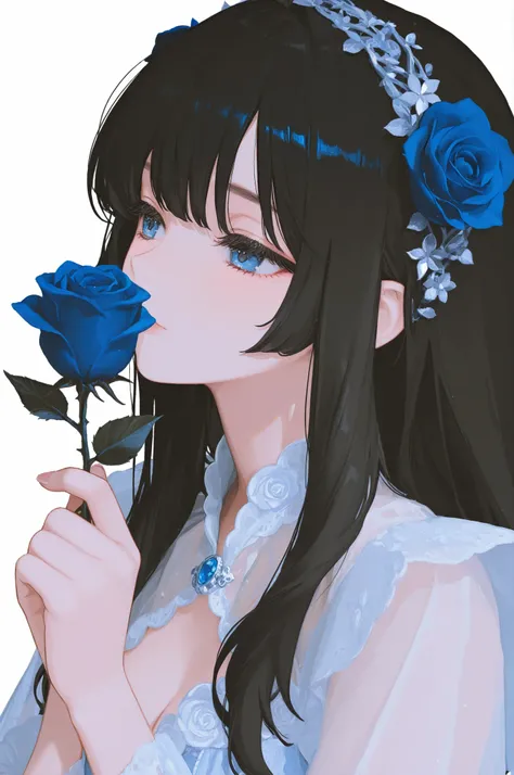 a girl, long hair, hime style, best quality, masterpiece, best quality, extremely detailed, transparent background, hair flower(rose), chromatic abbreviation, black hair, holding, blue eyes, blue rose, ,hirajuku fashion,,pastel style