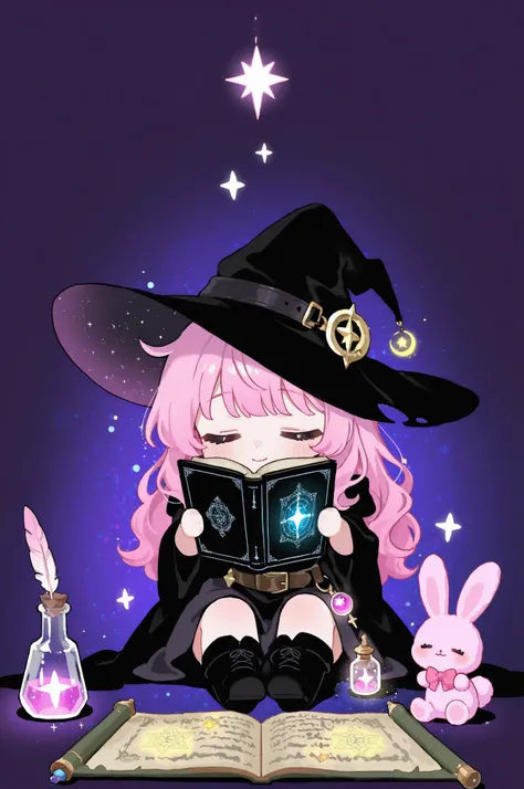 A cute chibi-style witch with long, pastel pink hair and closed eyes, sitting cross-legged on a dark purple background. She is wearing a large, floppy black witch hat adorned with a pink star and buckle, with magical sparkles and stars swirling around her....