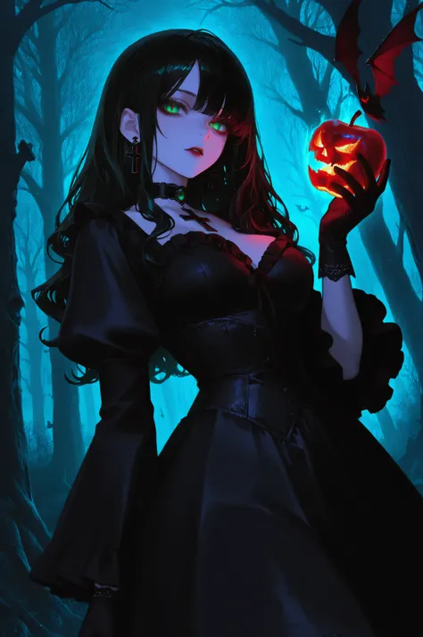 1girl, dark fairy tale theme, gothic style, holding a glowing cursed apple, vampire vibes, long wavy black hair,green eye, black gothic dress with frills, black gloves, black cross earrings, black choker with gemstone, background with bats horror atmospher...