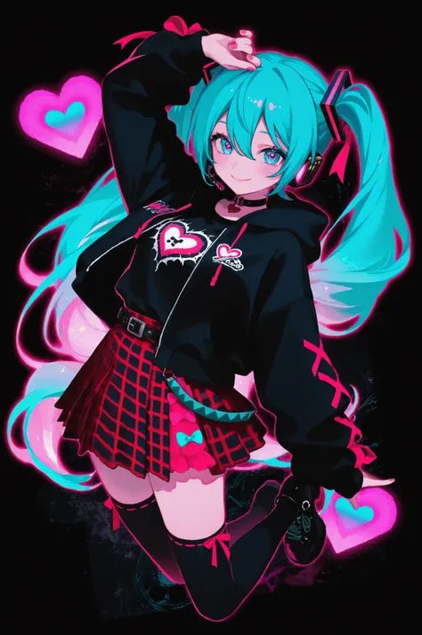 1girl, cowboy shot, smile, full body,
hatsune miku, black background, colorful hearts, vibrant, pink glowing outline, neon, abstract background, looking at viewer, ribbon-trimmed thighhighs, gingham skirt, hooded jacket, black top, dynamic pose, punk, kaw...