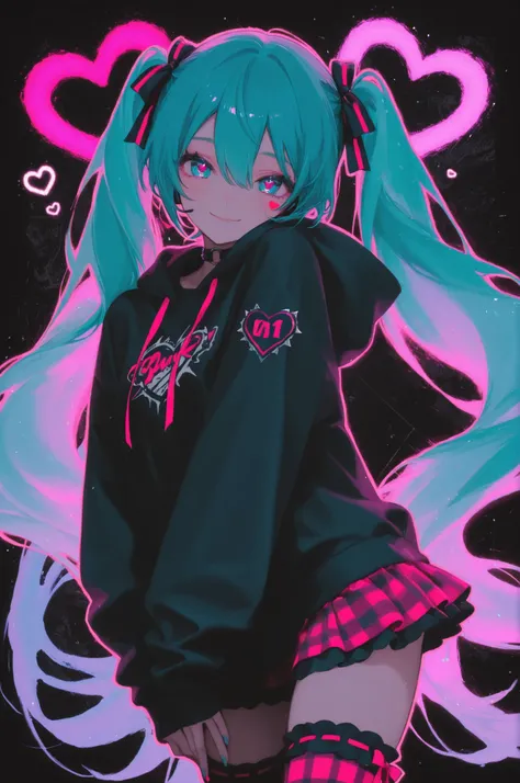 1girl, cowboy shot, smile, full body,
hatsune miku, black background, colorful hearts, vibrant, pink glowing outline, neon, abstract background, looking at viewer, ribbon-trimmed thighhighs, gingham skirt, hooded jacket, black top, dynamic pose, punk, kaw...