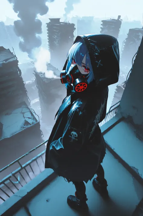 1girl, blue hair, red eyes, punk, hood up, hoodie, long sleeves, post-apocalypse, rooftop, posing, from above, gas mask smoke effect, cyberpunk techwear coat