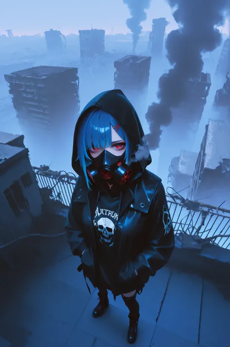 1girl, blue hair, red eyes, punk, hood up, hoodie, long sleeves, post-apocalypse, rooftop, posing, from above, gas mask smoke effect, cyberpunk techwear coat