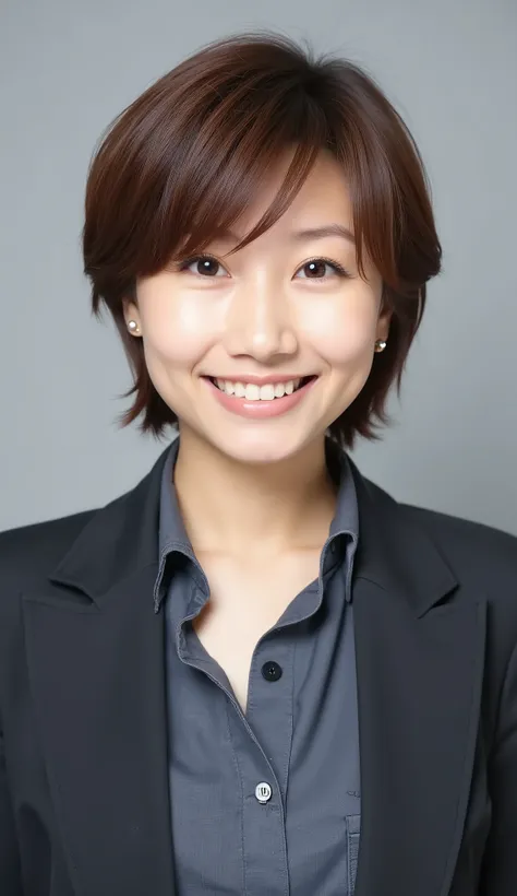 Passport photo of a neat young woman、looking in front、、looking at the camera、office lady suit、jacket、shirt、ear piercings、、 、hairstyle short hair、smile showing teeth、、face close-up、grey background、