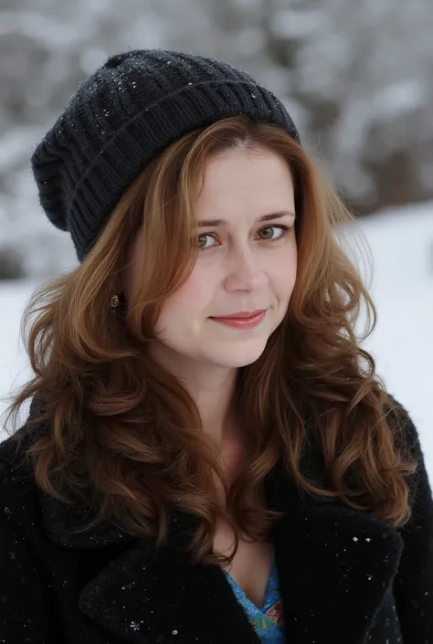 J3NN4,(((HD photo))), ultra high res.photorealistic:. 1.4, UHD, masterpiece, trending on artstation, one girl, ((full body)), Jenna Fisher, Pam Beasly, a young woman with brown hair styled in soft waves and curls that frame her face, wearing a dark furry c...