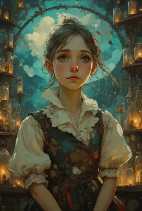 capolavoro,  high quality , ultra high definition,   8K anime style  , Stile pittorico , Dramatic portrait of a beautiful alchemist inside a steampunk laboratory, light panels around her with lights that shine in the dark, shelves with creatures in glass v...