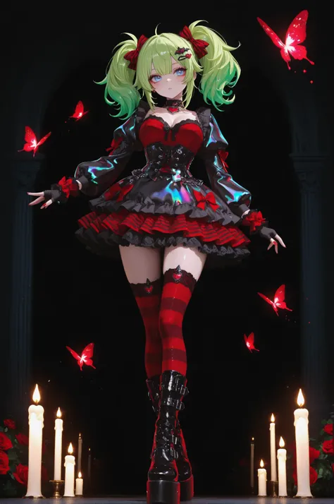 1girl, long, voluminous lime green hair styled in twin tails with red lace bows and spiked hair clips, striking blue eyes. red aristocratic style dress, corset bodice with gold detailing, puffed sleeves with lace cuffs, layered ruffled skirt with black lac...