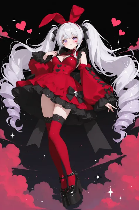 Sticker style, kawaii, 1girl, adult, white hair, lilac eyes, medium breasts, frilly, lace-trimmed red dress with oversized sleeves, heart-shaped buttons, and a big bow on the back, red-colored thigh-high socks with ribbons, cute platform shoes with cross c...
