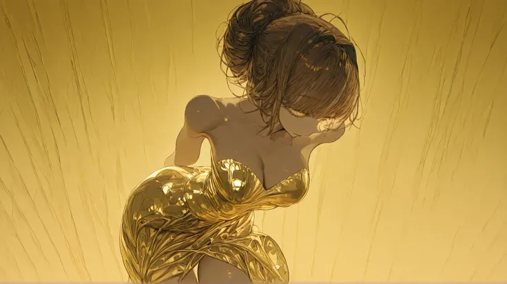 A graceful woman with dark skin and glowing yellow eyes walks in profile, her posture poised and fluid. Her golden satin dress clings to her form and sways naturally with each step, the high slit revealing the rhythmic motion of her legs. The fabric folds ...