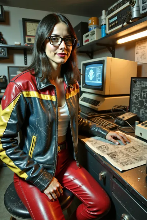 In a darkened garage late at night, a 35 year old female wearing a black 1970swornbluwhtcfrcrjkt with red chest and shoulders, the jacket has a yellow stripe across the middle, the woman’s jacket is extensively worn with wrinkles and dust spots, the woman ...