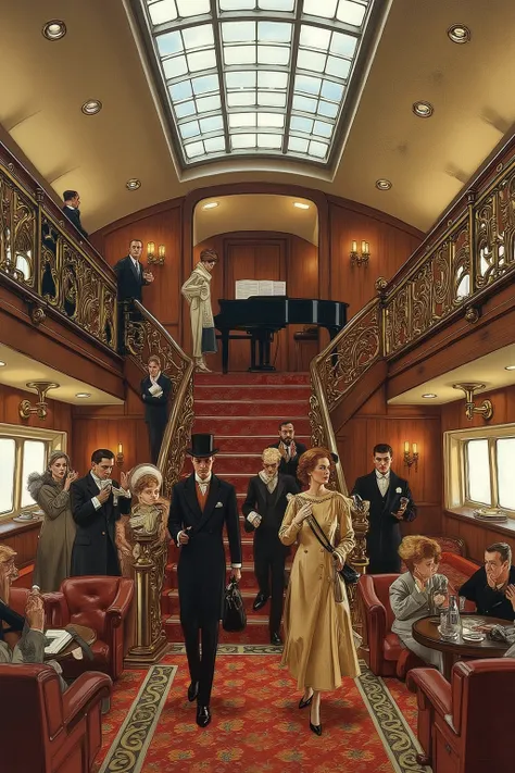 1940 aircraft interior passenger cabin a grand piano and lounge bar at the mid section of a three deck aircraft with a glass skylight