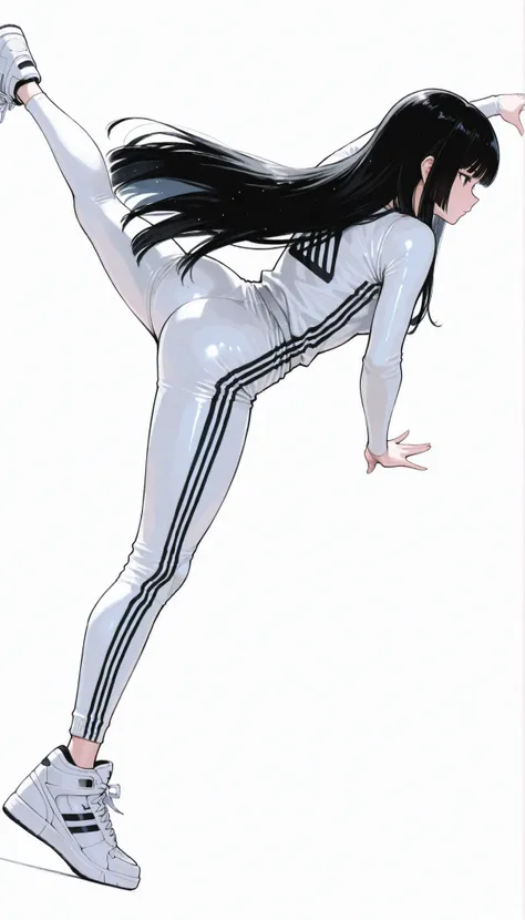 Japanese high school girl in a futuristic bodysuit android、long black hair,straight long hair、princess cut, adidas tech sneakers , Pose, Dynamic Angle,kickboxing, ダイナミックなPose、white background,best image quality、4K、