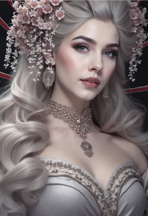 A realistic, design-oriented poster. It depicts a beautiful woman in a kimono with a hairstyle resembling fresh flowers. The flowers are woven into her hair, becoming one with it. The fresh flowers are vibrant and blooming profusely. She is tilting her hea...