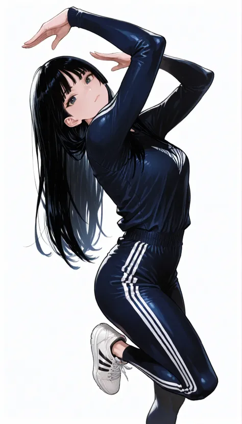 Japanese high school girl in a futuristic dark blue bodysuit android、long black hair,straight long hair、princess cut, adidas tech sneakers , Pose, Dynamic Angle、Capoeira、ダイナミックなPose、white background,best image quality、4K、Precise Depiction、
