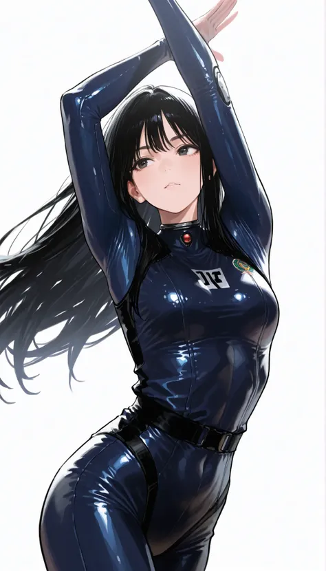 Japanese high school girl in a futuristic dark blue bodysuit android、long black hair,straight long hair,Iaigiri, Pose, Dynamic Angle、Mexican pro wrestling aerial action、ダイナミックなPose、white background,best image quality、4K、Precise Depiction、