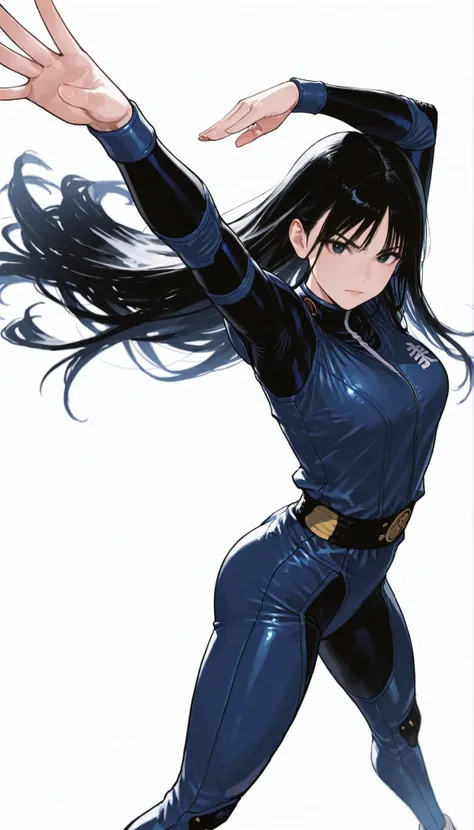 Japanese high school girl in a futuristic off-white and dark blue bodysuit android、long black hair,straight long hair, martial artist、Pose, Dynamic Angle、 combat system、ダイナミックなPose、white background,best image quality、4K、Precise Depiction、