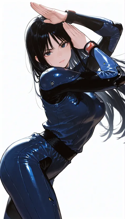 Japanese high school girl in a futuristic off-white and dark blue bodysuit android、long black hair,straight long hair, martial artist、Pose, Dynamic Angle、 combat system、ダイナミックなPose、white background,best image quality、4K、Precise Depiction、