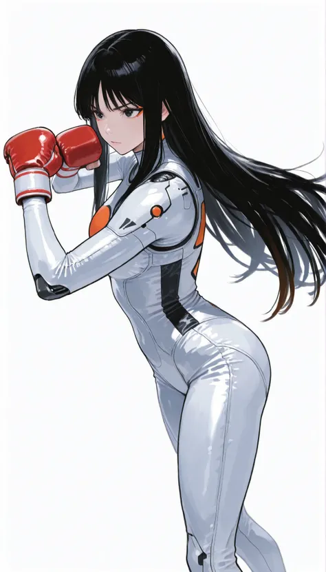 Japanese High School Girl Wearing a Bodysuit with a Futuristic Off-White Base and Orange Accents Android、long black hair,straight long hair,Chinese boxing、Pose, Dynamic Angle、Dance performance、ダイナミックなPose、white background,best image quality、4K、Precise Depi...