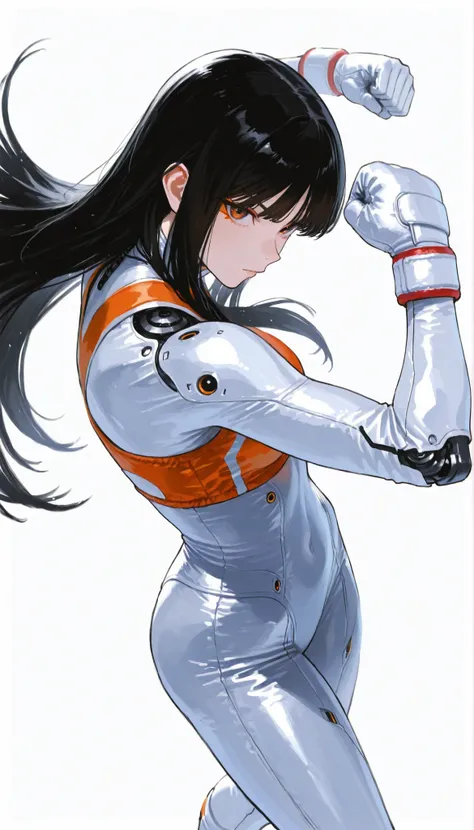 Japanese High School Girl Wearing a Bodysuit with a Futuristic Off-White Base and Orange Accents Android、long black hair,straight long hair,Chinese boxing、Pose, Dynamic Angle、Dance performance、ダイナミックなPose、white background,best image quality、4K、Precise Depi...