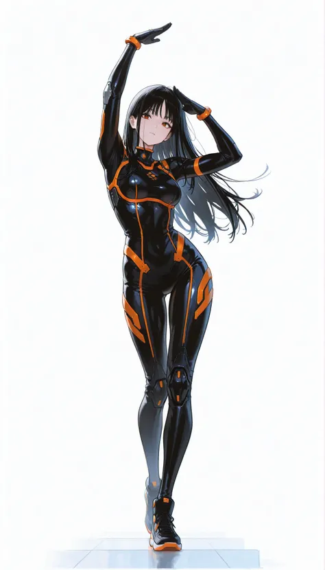 Japanese High School Girl Wearing a Bodysuit with a Futuristic Off-White Base and Orange Accents Android、long black hair,straight long hair,fighter、Pose, Dynamic Angle、Rotating Dance、ダイナミックなPose、white background,best image quality、4K、Precise Depiction、Ligh...