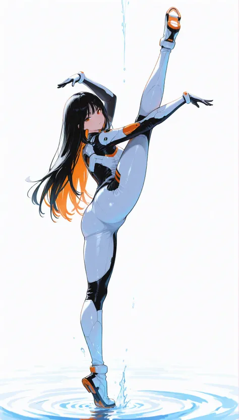 Japanese High School Girl Wearing a Bodysuit with a Futuristic Off-White Base and Orange Accents Android、long black hair,straight long hair,fighter、Pose, Dynamic Angle、Rotating Dance、ダイナミックなPose、white background,best image quality、4K、Precise Depiction、Ligh...