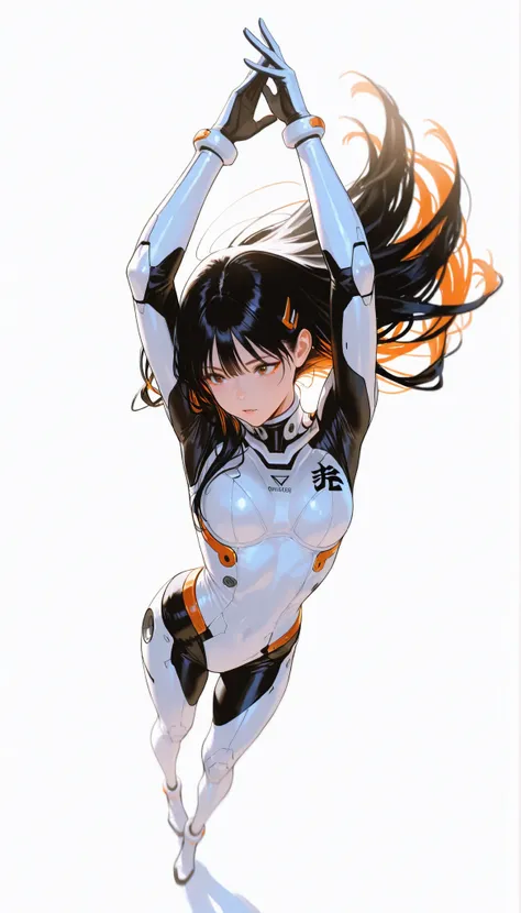 from above 、Japanese High School Girl Wearing a Bodysuit with a Futuristic Off-White Base and Orange Accents Android、long black hair,straight long hair,fighter、Dynamic Angle、dynamic leap pose that captures the moment you soar in the air、white background,b...