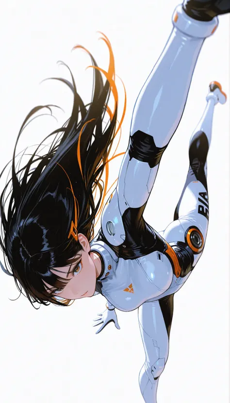 from above 、Japanese High School Girl Wearing a Bodysuit with a Futuristic Off-White Base and Orange Accents Android、long black hair,straight long hair,fighter、Dynamic Angle、dynamic leap pose that captures the moment you soar in the air、white background,b...
