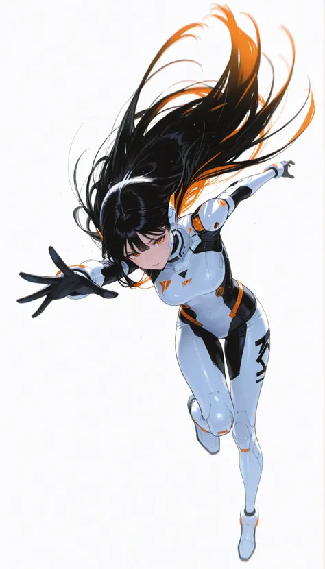 from above 、Japanese High School Girl Wearing a Bodysuit with a Futuristic Off-White Base and Orange Accents Android、long black hair,straight long hair,fighter、Dynamic Angle、dynamic leap pose that captures the moment you soar in the air、white background,b...