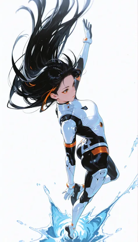 from above 、Japanese High School Girl Wearing a Bodysuit with a Futuristic Off-White Base and Orange Accents Android、long black hair,straight long hair,fighter、Dynamic Angle、dynamic leap pose that captures the moment you soar in the air、white background,b...