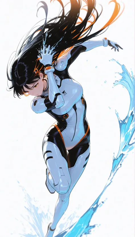 from above 、Japanese High School Girl Wearing a Bodysuit with a Futuristic Off-White Base and Orange Accents Android、long black hair,straight long hair,fighter、Dynamic Angle、dynamic leap pose that captures the moment you soar in the air、white background,b...
