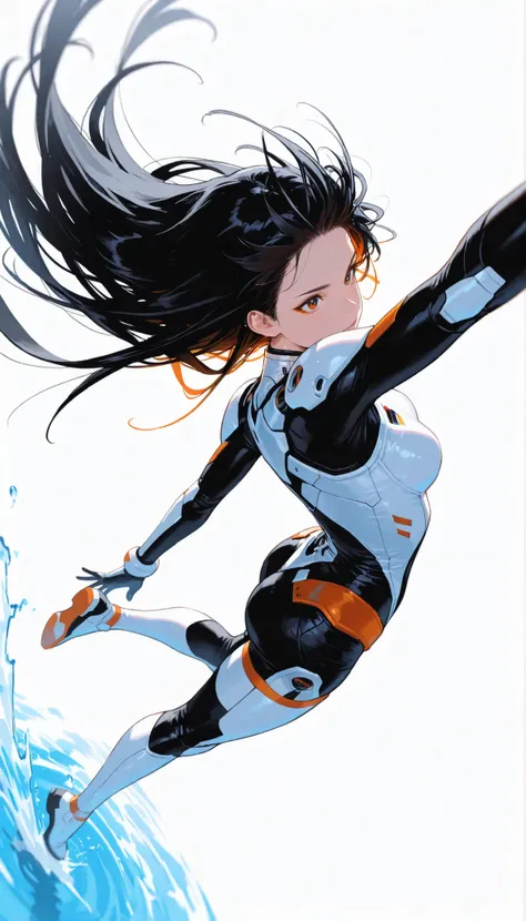 from above 、Japanese High School Girl Wearing a Bodysuit with a Futuristic Off-White Base and Orange Accents Android、long black hair,straight long hair,fighter、Dynamic Angle、dynamic leap pose that captures the moment you soar in the air、white background,b...