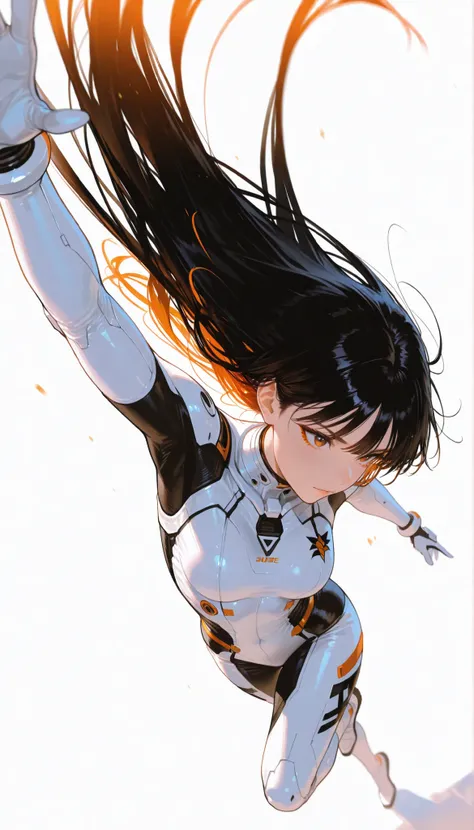 from above 、Japanese High School Girl Wearing a Bodysuit with a Futuristic Off-White Base and Orange Accents Android、long black hair,straight long hair,fighter、Dynamic Angle、dynamic leap pose that captures the moment you soar in the air、white background,b...