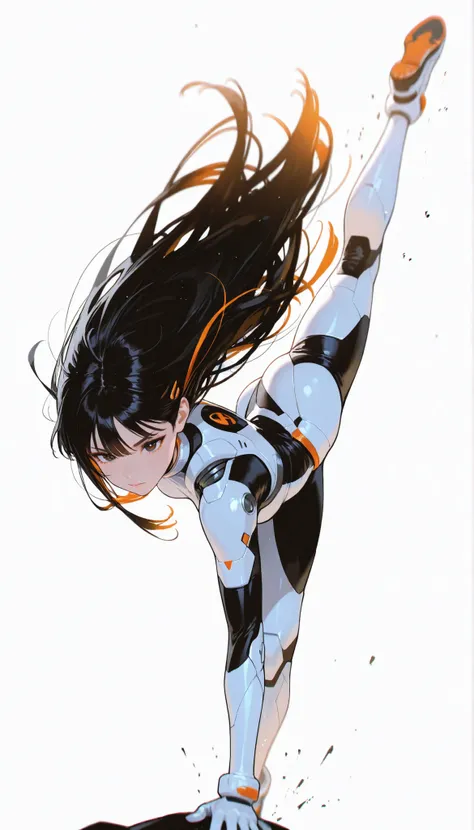 from above 、Japanese High School Girl Wearing a Bodysuit with a Futuristic Off-White Base and Orange Accents Android、long black hair,straight long hair,fighter、Dynamic Angle、Dynamic Jumping Kick Poses、white background,best image quality、4K、Precise Depicti...