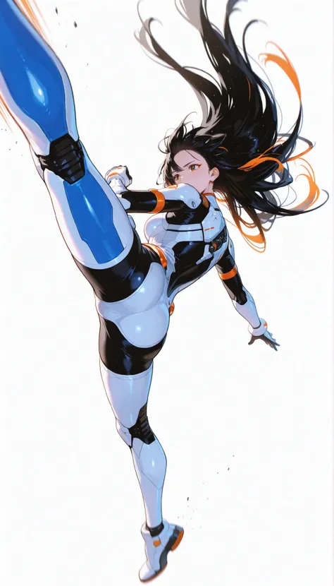 from above 、Japanese High School Girl Wearing a Bodysuit with a Futuristic Off-White Base and Orange Accents Android、long black hair,straight long hair,fighter、Dynamic Angle、Dynamic Jumping Kick Poses、white background,best image quality、4K、Precise Depicti...