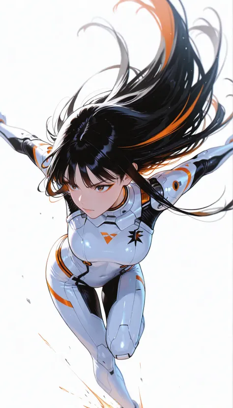 from above 、Japanese High School Girl Wearing a Bodysuit with a Futuristic Off-White Base and Orange Accents Android、long black hair,straight long hair,fighter、Dynamic Angle、Dynamic Jumping Kick Poses、white background,best image quality、4K、Precise Depicti...